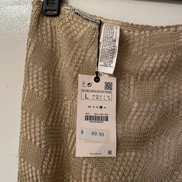 Zara NWT Large Gold Textured Tan Midi Skirt Slit Zipper - Picture 4 of 8